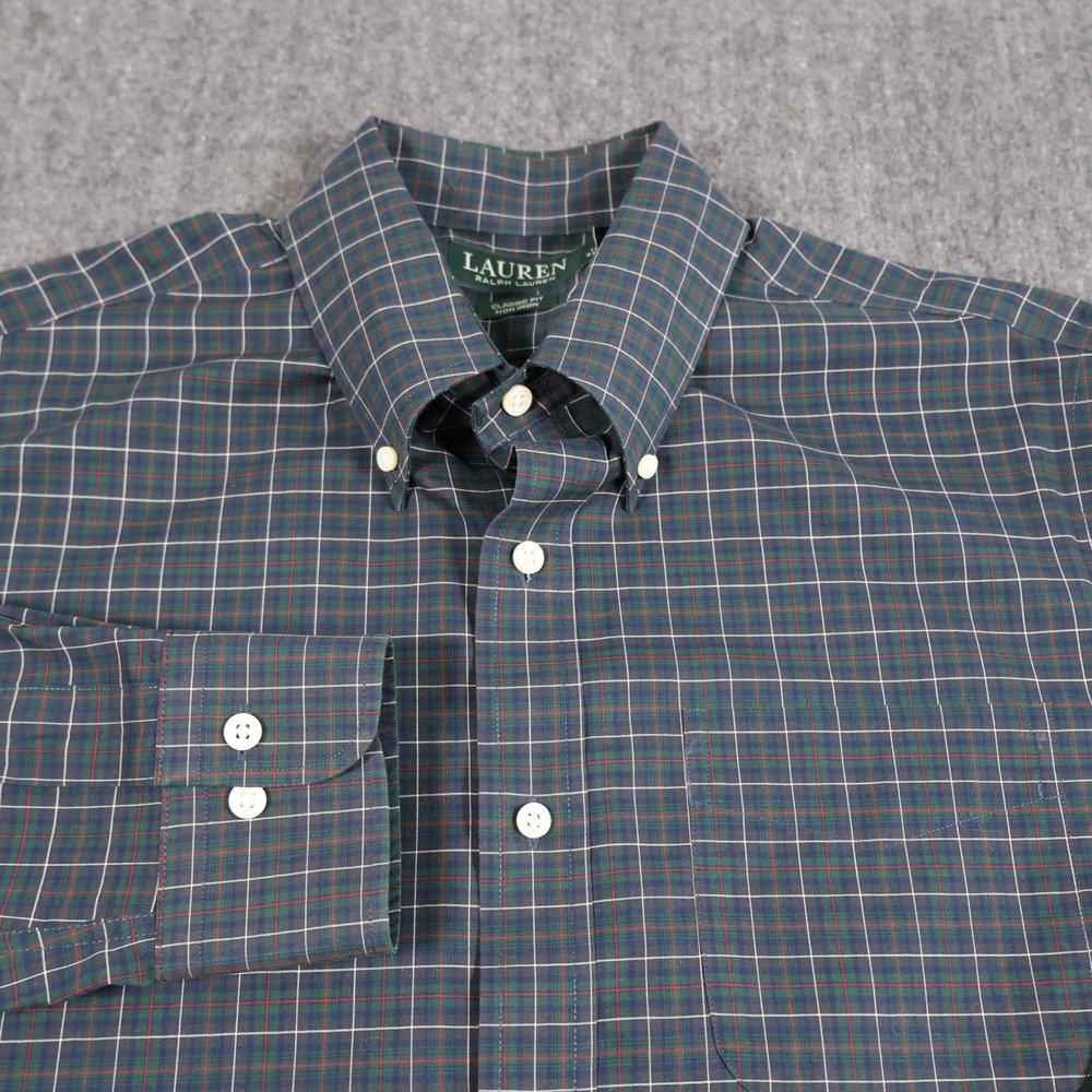 Lauren Ralph Lauren Mens 15.5 32/33 Classic Fit Non Iron Plaid Shirt Green Blue